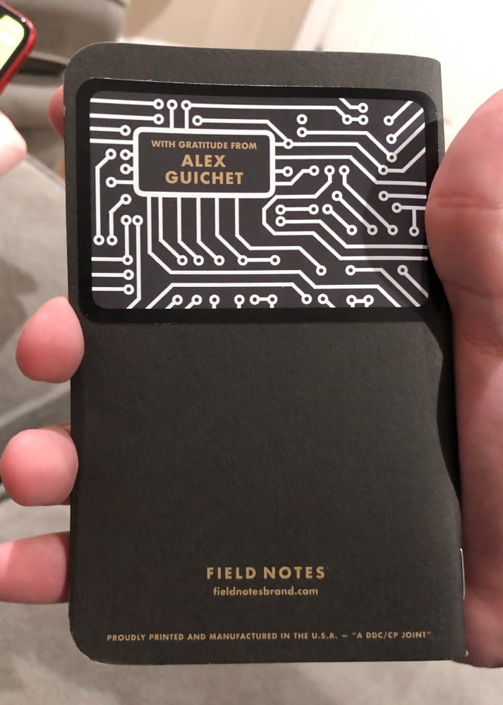 The back of my custom field notes, with my sticker to cover the Abercrombie logo.